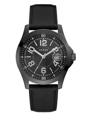 Men's Guess Black Leather Strap Analog Watches Multicolor | 3975-FRGVW