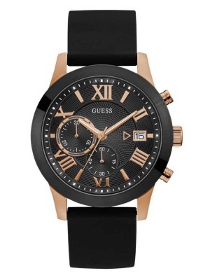 Men's Guess Black and Rose Gold-Tone Multifunction Watches Black | 5483-UQRWI