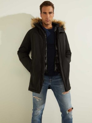 Men's Guess Brian Faux-Fur Hooded Coats Black Multicolor | 0852-HTXSN