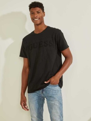 Men's Guess Chenille Logo T-Shirts Black | 5230-FGMPQ