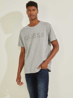 Men's Guess Chenille Logo T-Shirts Grey | 4521-HAQRX