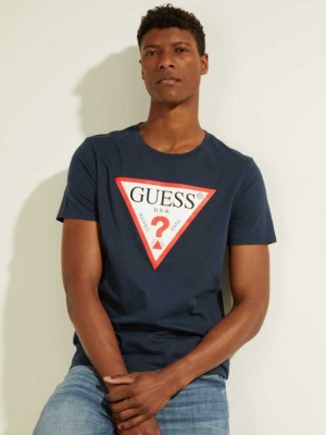 Men's Guess Classic Logo T-Shirts Navy | 6198-AUFSW