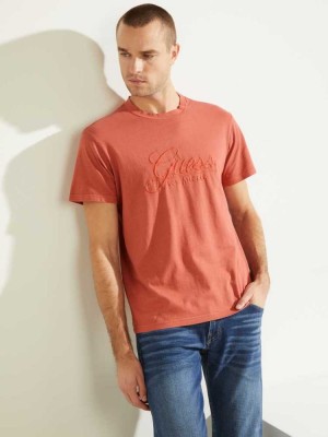 Men's Guess Classical Embroidered Logo T-Shirts Red | 5914-SIMZO
