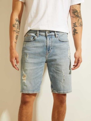 Men's Guess Distressed Slim Denim Shorts Light Blue | 6352-LJCWG