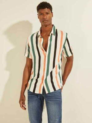 Men's Guess Eco Art Stripe Shirts White | 2910-PHTSE