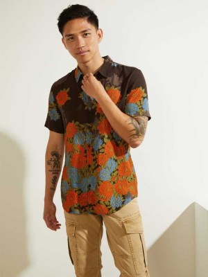 Men's Guess Eco Floral Button-Down Shirts Brown Flower | 5240-UBJRN