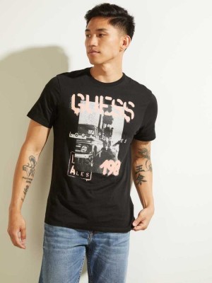 Men's Guess Eco LA Scenic T-Shirts Black | 9482-XALQD