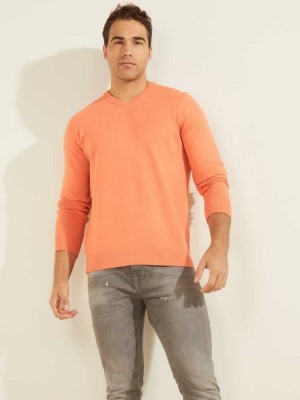 Men's Guess Eco Liam V-Neck Sweaters Orange | 7419-PQKWI