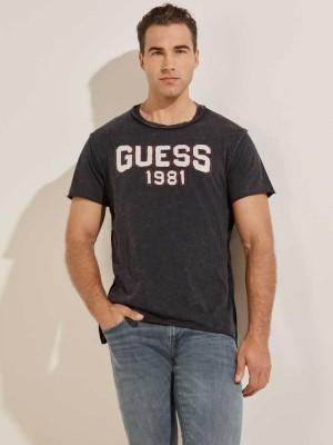 Men's Guess Eco Raw Patchwork Logo T-Shirts Dark Blue | 4068-BGTNW
