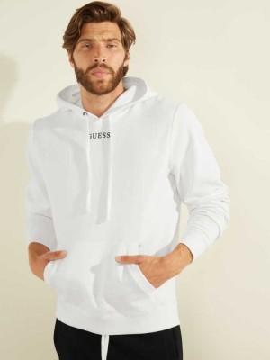 Men's Guess Eco Roy Embroidered Logo Hoodies White | 3592-ITFRZ