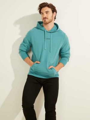 Men's Guess Eco Roy Embroidered Logo Hoodies Turquoise | 7291-DZKVP