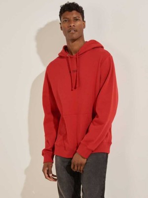Men's Guess Eco Roy Embroidered Logo Hoodies Red | 4591-LCXHO