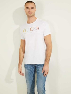 Men's Guess Embossed Logo T-Shirts White | 2346-PLDFE