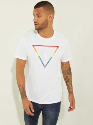 Men's Guess Embroidered Rainbow Logo T-Shirts White Multicolor | 4269-UFHCQ