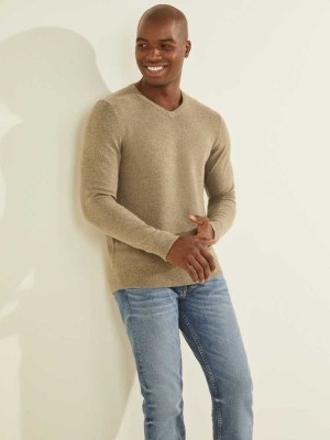 Men's Guess Esmere Wool-Blend V-Neck Sweaters Green | 2180-JSWEM