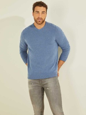Men's Guess Esmere Wool-Blend V-Neck Sweaters Blue | 6490-UDKEP