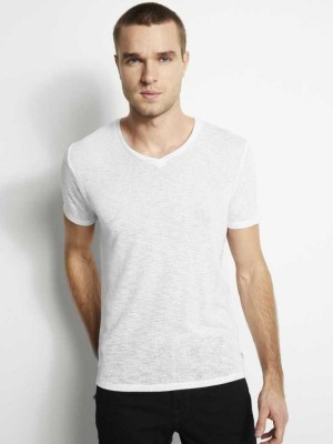 Men's Guess Gauze V-Neck T-Shirts White | 6085-KIWLS