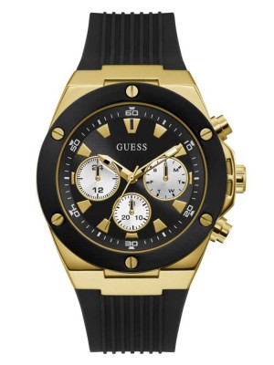 Men's Guess Gold-Tone And Black Chrono-Look Multifunction Watches Black | 4839-WRYLN