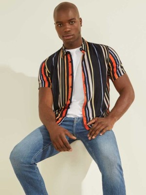 Men's Guess Hampton Striped Shirts Multicolor | 8473-AJXCL