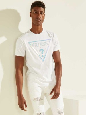 Men's Guess Hologram Logo T-Shirts White | 1460-EOJHT