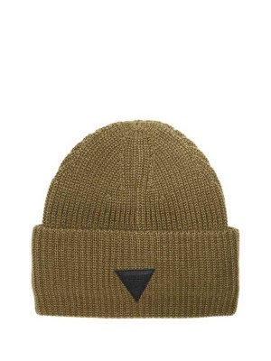 Men's Guess Justyn Triangle Logo Beanie Olive | 2758-YZROG