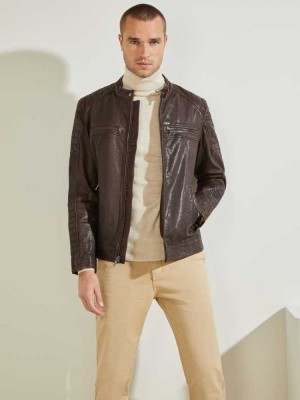 Men's Guess Leather Biker Jackets Chocolate Brown | 6245-CJEVD