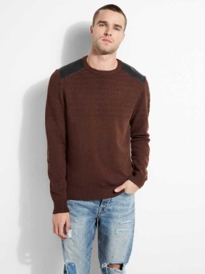 Men's Guess Liam Herringbone Contrast Sweaters Brown | 2795-VKDEM