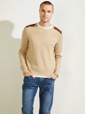 Men's Guess Liam Leather Patch Sweaters Beige | 0314-IMBEY