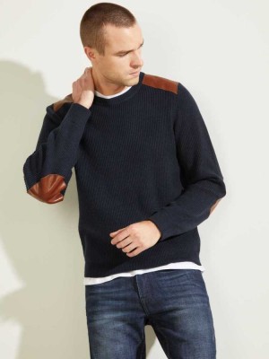Men's Guess Liam Leather Patch Sweaters Dark Blue | 8241-XURDV