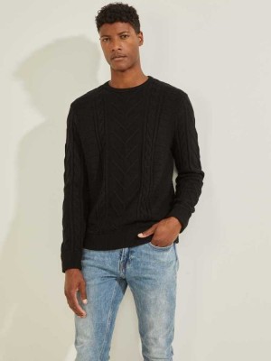 Men's Guess Liam Mixed Cable Sweaters Black | 9061-QZDWN