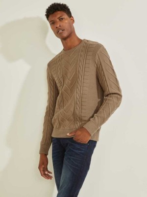 Men's Guess Liam Mixed Cable Sweaters Khaki | 5082-BVASU