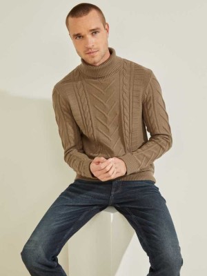 Men's Guess Liam Mixed Cable Turtleneck Sweaters Khaki | 9503-YLMBW