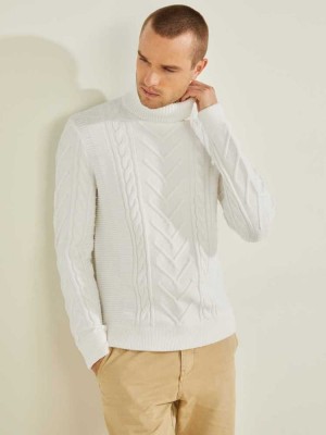 Men's Guess Liam Mixed Cable Turtleneck Sweaters White | 5937-VFUSM