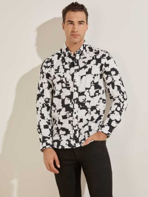 Men's Guess Luxe Abstract Splatter Shirts White | 0123-BFRML
