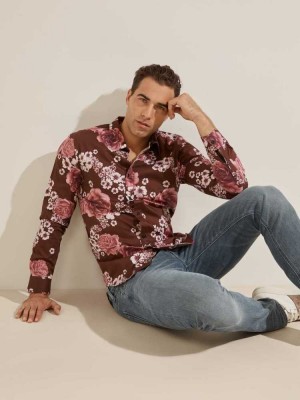 Men's Guess Luxe Knoll Garden Shirts Burgundy Flower | 4831-NBQKW