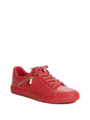 Men's Guess Myran Zip Low-Top Sneakers Dark Red | 9482-TXSFQ
