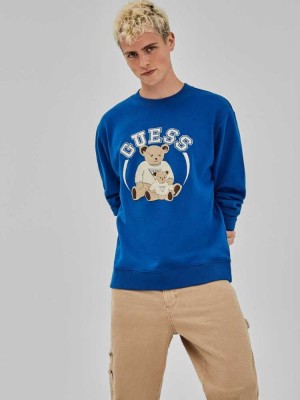 Men's Guess Originals Bear Crewneck Sweatshirt Blue | 3209-QAGTM