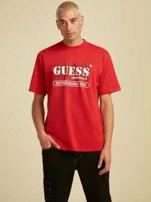 Men's Guess Originals Grid T-Shirts Red | 1043-JPYMZ