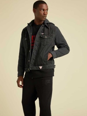 Men's Guess Originals Hooded Denim Jackets Black Wash | 5679-QFBZS