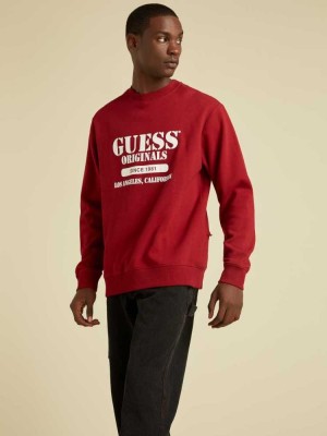 Men's Guess Originals Logo Crewneck Sweatshirt Red | 3512-PBNRZ