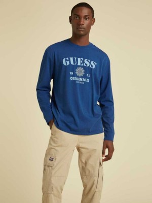 Men's Guess Originals Logo Long Sleeve T-Shirts Blue | 0258-MJQKR