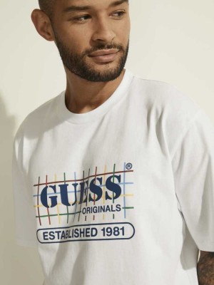 Men's Guess Originals Rainbow Grid T-Shirts White | 6317-SNCXR