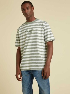 Men's Guess Originals Striped T-Shirts Green | 8304-KIANW