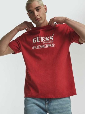 Men's Guess Originals x PLEASURES Logo T-Shirts Red | 3705-LRKQX
