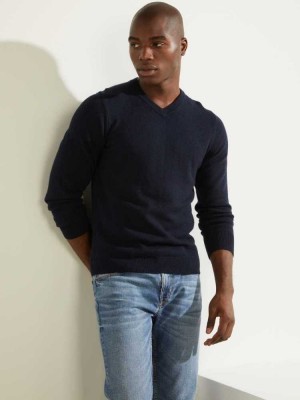 Men's Guess Owen V-Neck Sweaters Dark Blue | 3241-LRADO