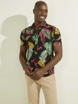 Men's Guess Panama Palm Shirts Black Multicolor | 9274-OSLJP
