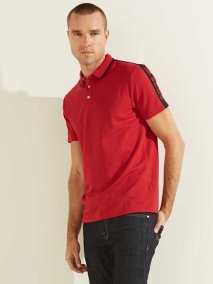 Men's Guess Pique Logo-Taping Polo Shirts Red | 8493-BHOCA
