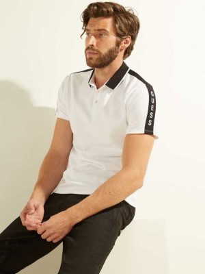 Men's Guess Pique Logo-Taping Polo Shirts White | 6972-GTUIW