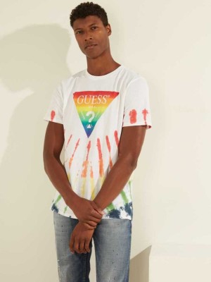 Men's Guess Rainbow Logo Tie-Dye T-Shirts White Multicolor | 7356-WCQET