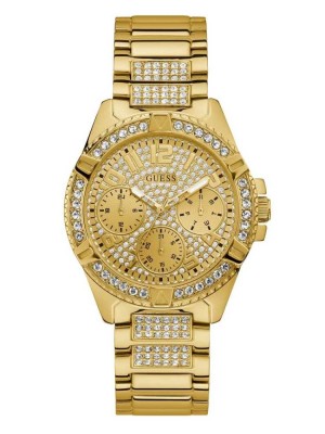 Men's Guess Rhinestone Gold-Tone Multifunction Watches Gold | 6458-LUEVG